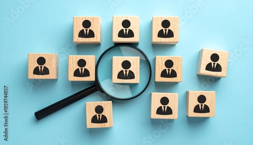 Magnifying Glass Highlighting a Single White Person Icon Among Black Icons on Wooden Blocks Over a Light Blue Background