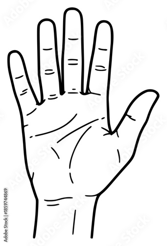 a black and white drawing of an open hand showing the middle finger, black, drawing, finger, hand, illustration, open, outline, palm, show, against transparent background