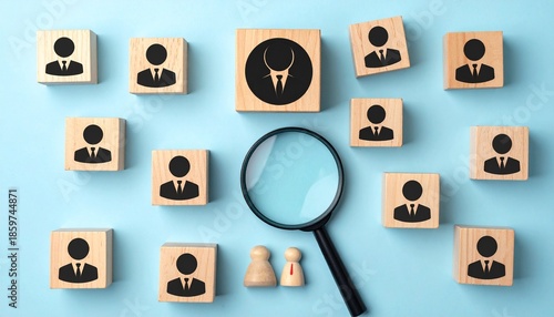 Magnifying Glass Highlighting a Single White Person Icon Among Black Icons on Wooden Blocks Over a Light Blue Background