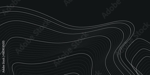 an abstract image with numerous smooth, wavy horizontal lines of varying thickness in gray and dark gray tones on a deep black background