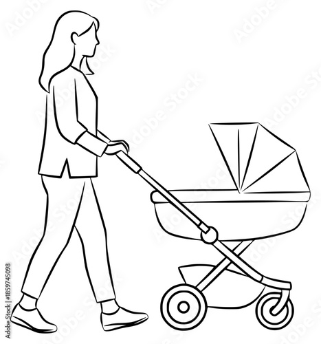 a young woman pushing a stroller with a young child walking, baby, child, mother, outline, push, stroller, walk, woman, young, against transparent background