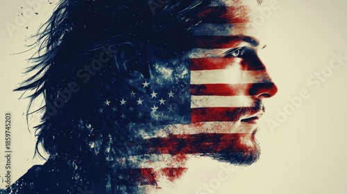 Man's profile with american flag double exposure showing patriotism