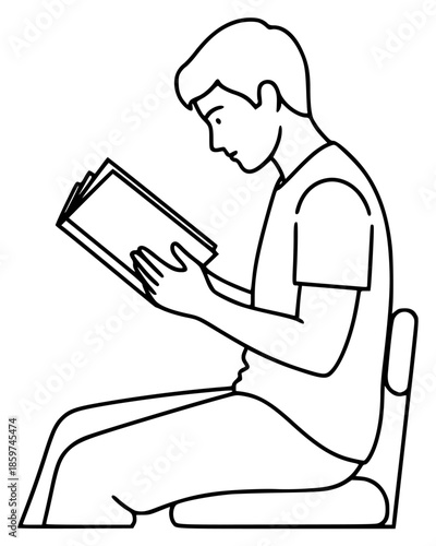 a young man reading a book sitting in a chair, black and white, black, book, boy, chair, man, person, read, sit, sit in, sit on, student, young, against transparent background