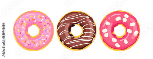 Set of sweet donuts with pink glaze, marshmallow, sprinkles and chocolate. Vector cartoon flat illustration.