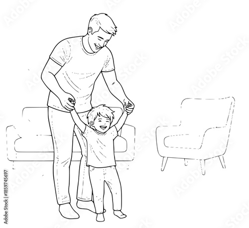 a young man holding the hand of a little boy standing in the living room, black, boy, child, father, hand, help, hold, little, living room, man, person, stand, young, against transparent background