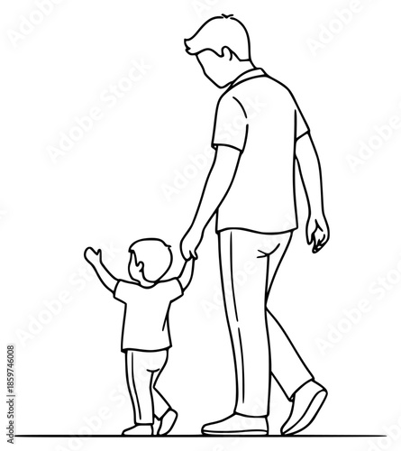 a black and white image of a man holding the hand of a little boy, black, boy, child, father, hand, hold, image, little, man, walk, against transparent background