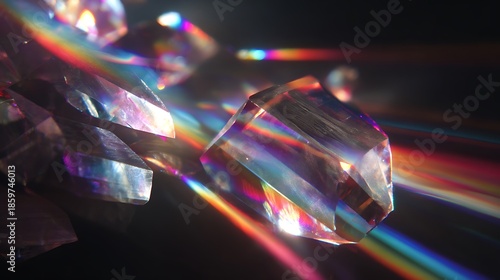 Crystal prism refracting light into rainbow colors on dark background with multiple crystal shards