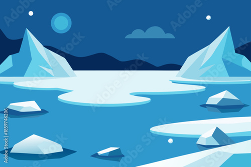 winter ice lake landscape with scattered icebergs