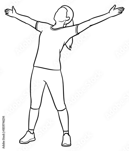 a black and white drawing of a young woman playing ball with her arms outstretched, arm, ball, black, drawing, girl, person, play, stand, woman, young, against transparent background