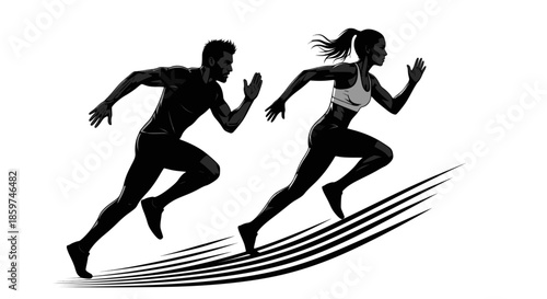Running man and woman, isolated vector silhouettes. Run, side view. Silhouettes of athletic looking male and female runners running. Transparent background SVG version.