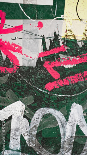 Authentic imperfect urban distressed background in vertical orientation 9:16 portrait, featuring random pink and white graffiti, ripped stickers, scratches and chipped green paint.