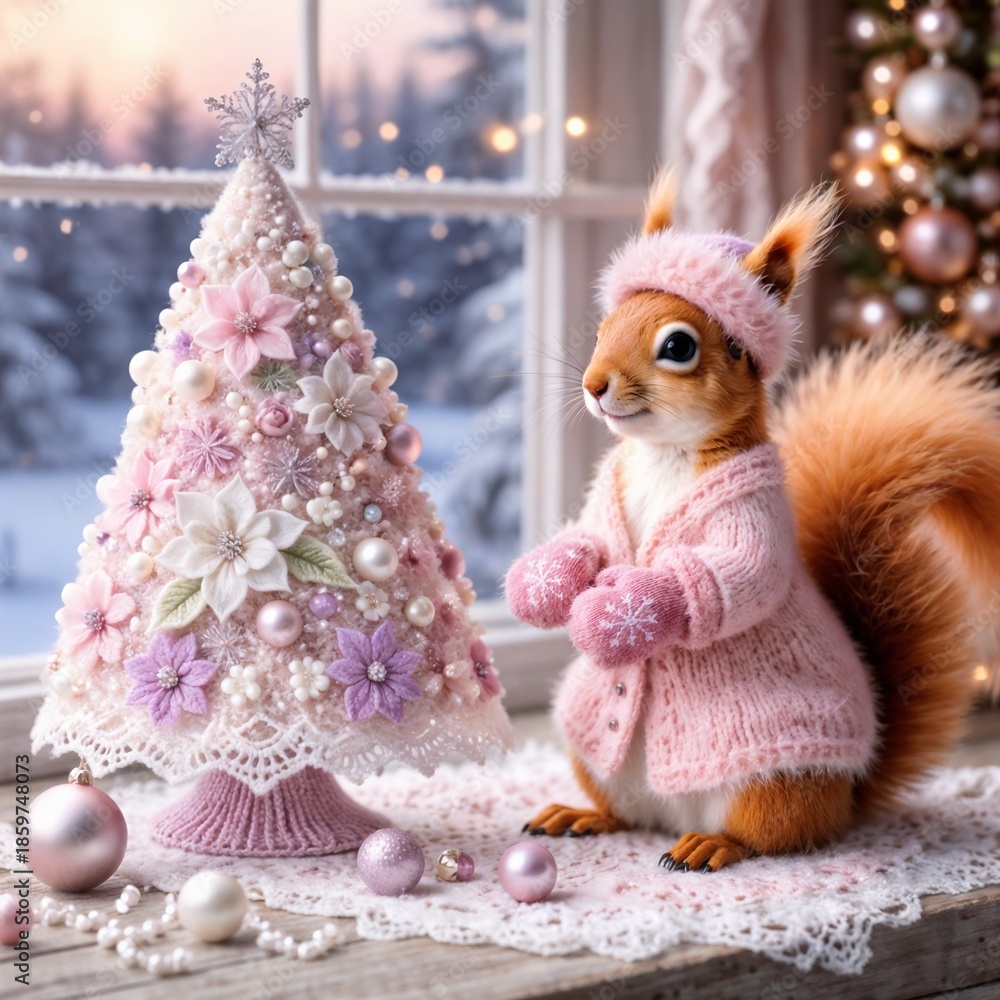 Obraz premium A cute squirrel in a knitted winter outfit stands near a decorative Christmas tree on a festive indoor background