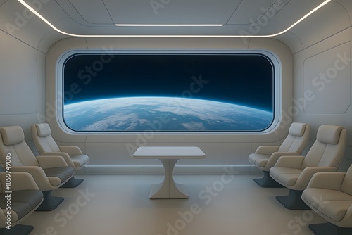 Space station meeting room with panoramic window showing earth horizon