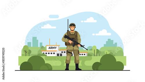 Modern vector illustration of soldier standing alert with rifle, neutral military concept ideal for defense, security, training, and service-related visuals