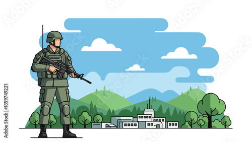Modern vector illustration of soldier standing alert with rifle, neutral military concept ideal for defense, security, training, and service-related visuals