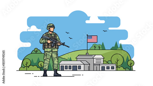 Modern vector illustration of soldier standing alert with rifle, neutral military concept ideal for defense, security, training, and service-related visuals