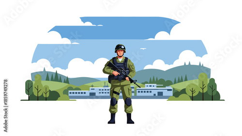 Modern vector illustration of soldier standing alert with rifle, neutral military concept ideal for defense, security, training, and service-related visuals