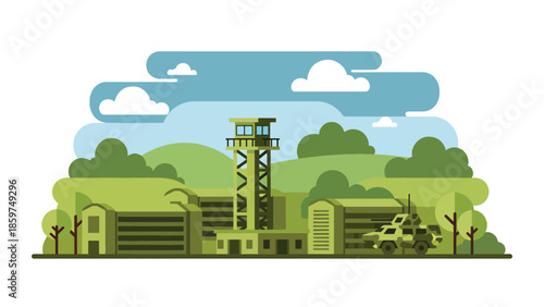 Modern vector illustration of military base with barracks and vehicles, ideal for defense infrastructure, security operations, and military organization concepts