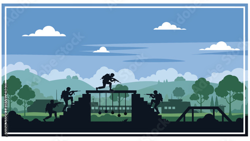 Modern vector illustration of army training exercise with soldiers in action, ideal for military education, readiness, and physical training concepts