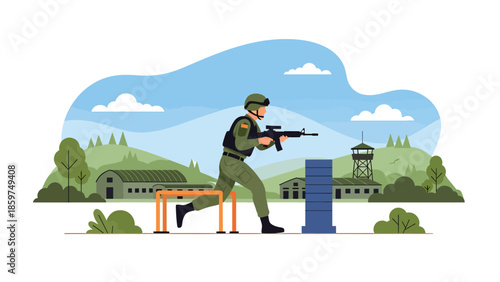 Modern vector illustration of army training exercise with soldiers in action, ideal for military education, readiness, and physical training concepts