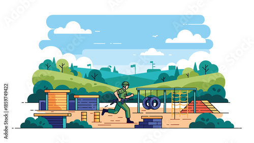 Modern vector illustration of army training exercise with soldiers in action, ideal for military education, readiness, and physical training concepts