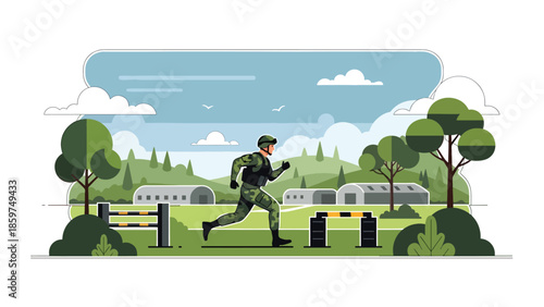 Modern vector illustration of army training exercise with soldiers in action, ideal for military education, readiness, and physical training concepts