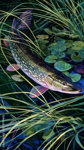Northern pike swimming among aquatic plants underwater
