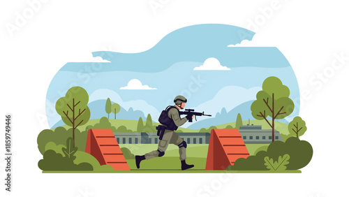 Modern vector illustration of army training exercise with soldiers in action, ideal for military education, readiness, and physical training concepts