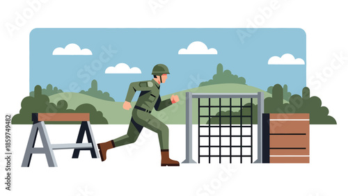 Modern vector illustration of army training exercise with soldiers in action, ideal for military education, readiness, and physical training concepts