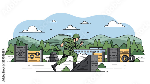 Modern vector illustration of army training exercise with soldiers in action, ideal for military education, readiness, and physical training concepts