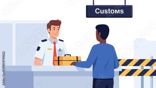 International traveler engaging with customs official during a routine border inspection process