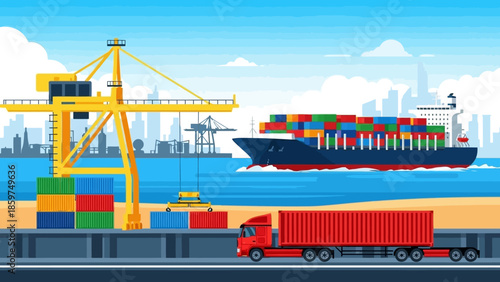 Vibrant illustration showcasing global maritime trade logistics and port cargo handling operations