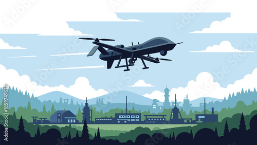 Modern vector illustration of military drone flying over abstract terrain, ideal for surveillance, defense technology, and security monitoring concepts