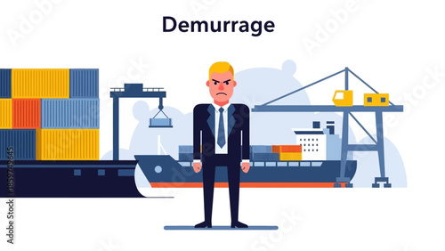 Angry business executive dealing with container shipping charges at a bustling port terminal