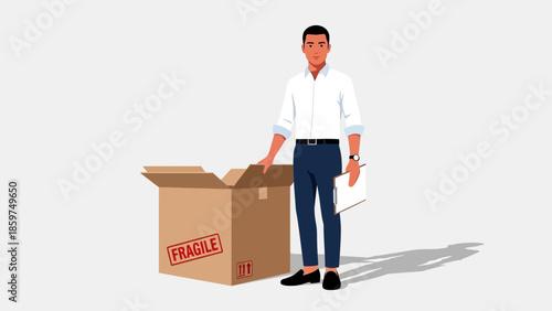 Diligent logistics professional overseeing careful handling of a fragile shipment with essential