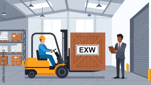 Efficient warehouse logistics operations with a forklift handling an EXW labeled crate under