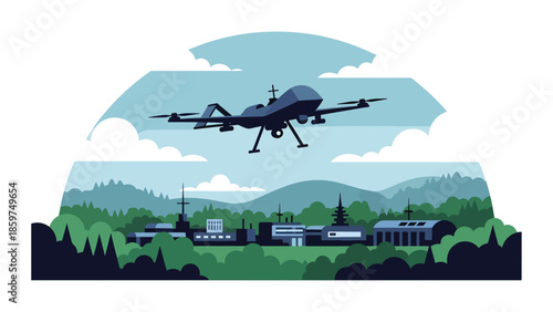 Modern vector illustration of military drone flying over abstract terrain, ideal for surveillance, defense technology, and security monitoring concepts