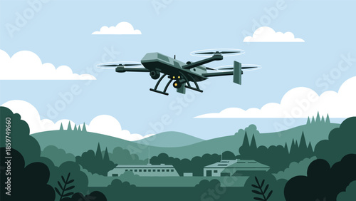 Modern vector illustration of military drone flying over abstract terrain, ideal for surveillance, defense technology, and security monitoring concepts