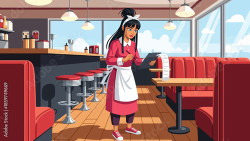Dedicated restaurant server attentively manages orders within a vibrant retro dining establishment
