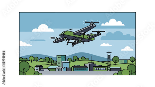Modern vector illustration of military drone flying over abstract terrain, ideal for surveillance, defense technology, and security monitoring concepts