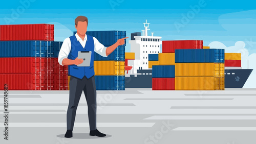 A logistics professional overseeing global cargo operations at a bustling seaport terminal for