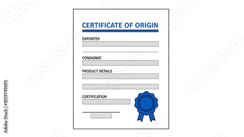 Essential certificate of origin document for global trade and import export compliance showing