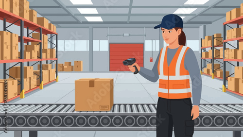 Dedicated logistics professional scanning packages on automated conveyor in busy modern warehouse