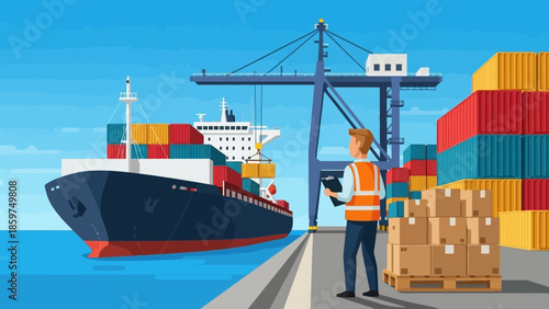 Efficient Global Supply Chain Management at a Bustling Seaport Terminal with Cargo Ship and