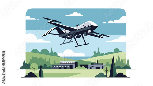 Modern vector illustration of military drone flying over abstract terrain, ideal for surveillance, defense technology, and security monitoring concepts
