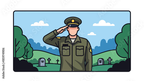 Modern vector illustration of soldier saluting, respectful military service and honor concept ideal for remembrance and ceremonial visuals