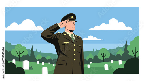 Modern vector illustration of soldier saluting, respectful military service and honor concept ideal for remembrance and ceremonial visuals