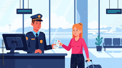Seamless airport experience as an official reviews travel documents for a departing female