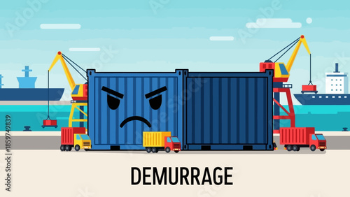 Demurrage challenges in global shipping logistics illustrated with an angry container at a busy