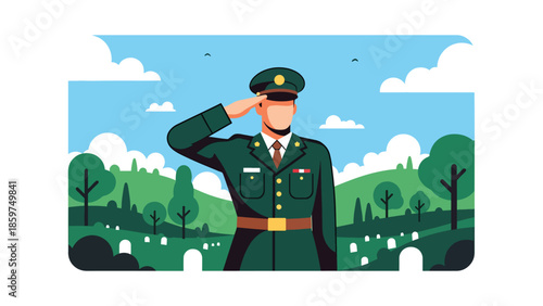 Modern vector illustration of soldier saluting, respectful military service and honor concept ideal for remembrance and ceremonial visuals